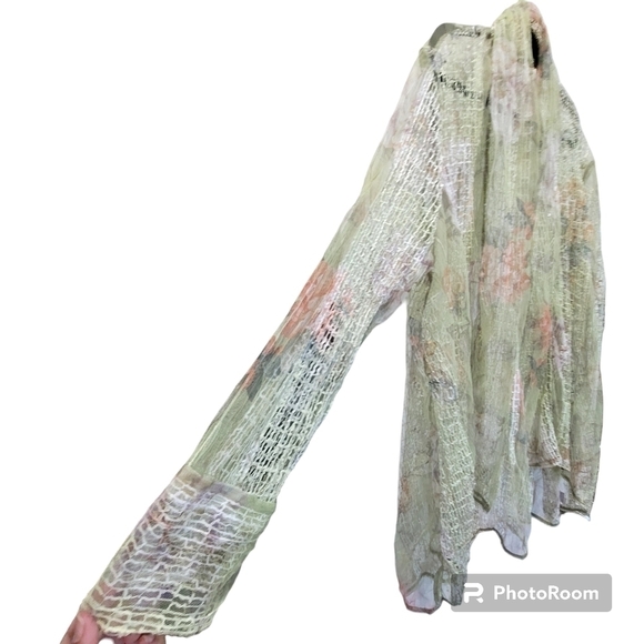 Picadilly ONE SIZE Floral Green Kimono Coverup Beachy Metallic Mesh Cardigan - Picture 5 of 7